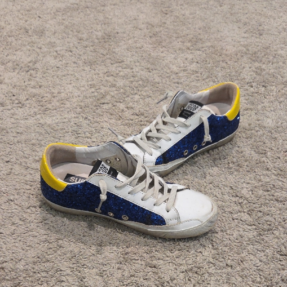Golden Goose White Sneakers with Blue Glitter Sides and Yellow Heel